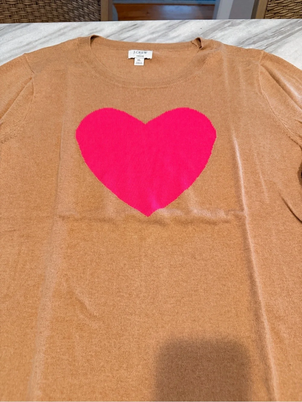 J. Crew Teddie Crewneck Sweater in Camel with Pink Heart